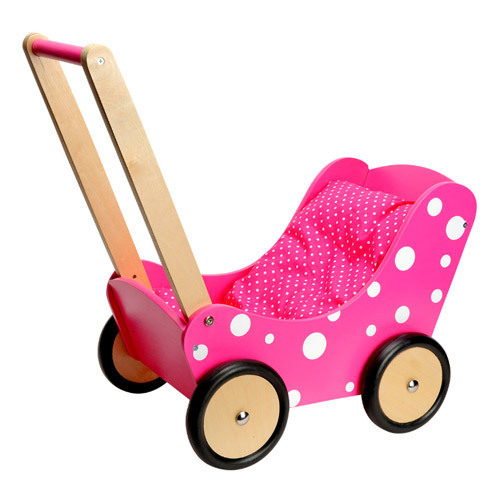 Roze houten poppenwagen met witte stippen - AllinMam.com